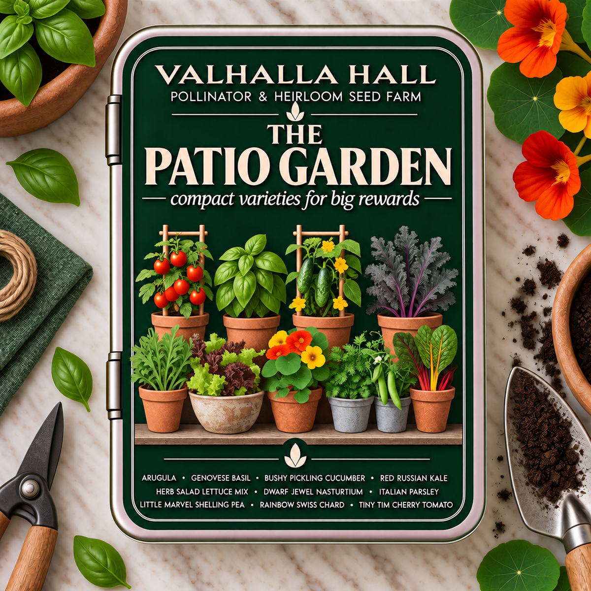 Valhalla Hall Patio Garden seed gift tin, deep green lid with a botanical illustration of potted tomatoes, basil, lettuce and nasturtiums