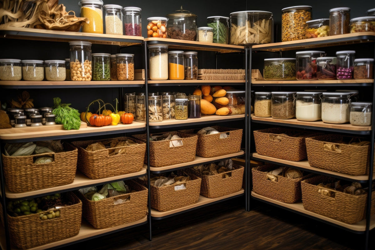 A stocked pantry of jars, baskets and dry goods on wooden shelves