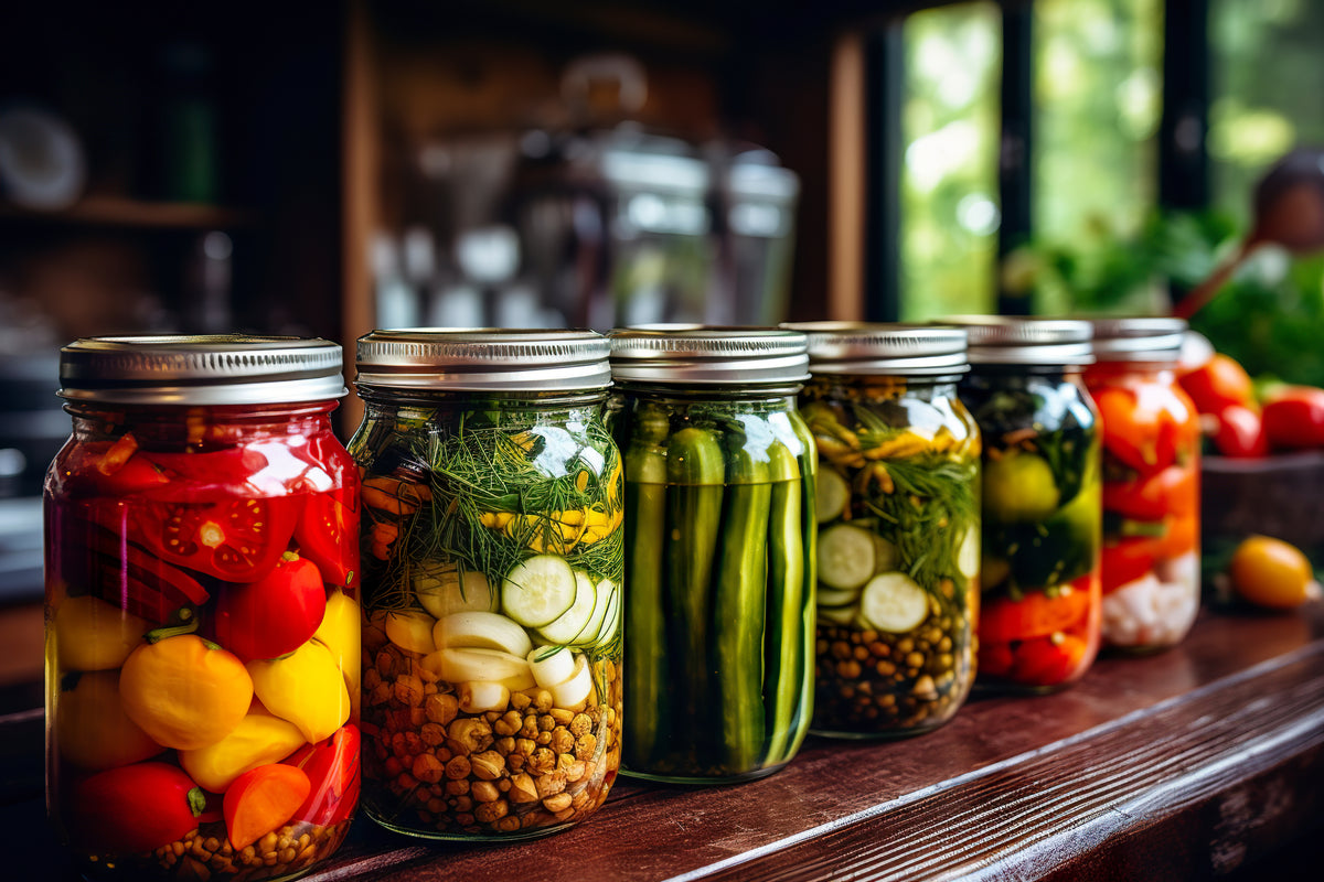 Shelves of home-canned jars of tomatoes, beans, pickles and vegetables