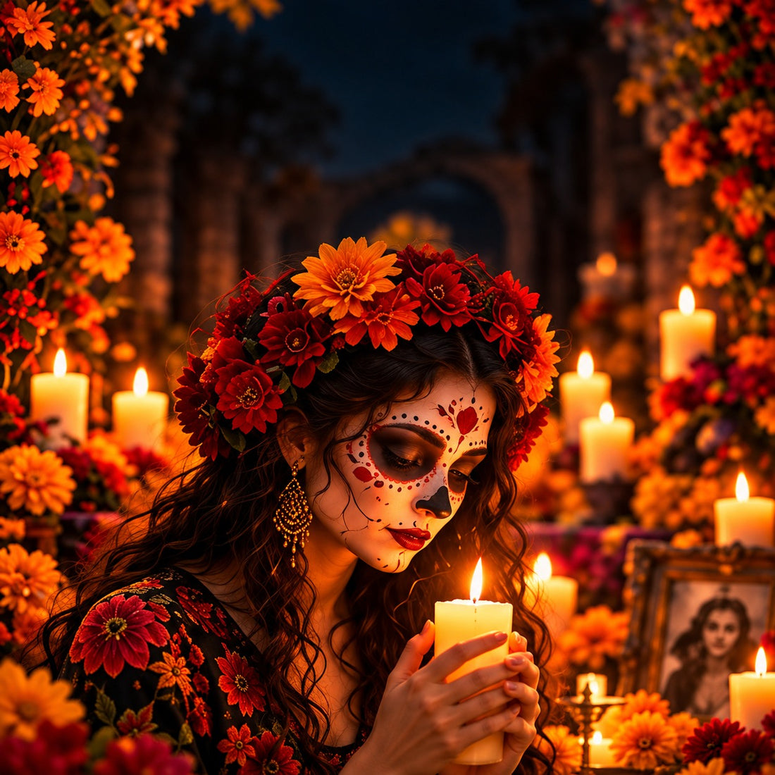 A woman in calavera face paint and a crown of marigolds lowers her eyes over a lit candle, surrounded by orange blooms and candlelight at a Día de los Muertos ofrenda.