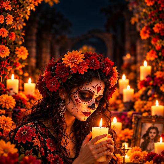 A woman in calavera face paint and a crown of marigolds lowers her eyes over a lit candle, surrounded by orange blooms and candlelight at a Día de los Muertos ofrenda.