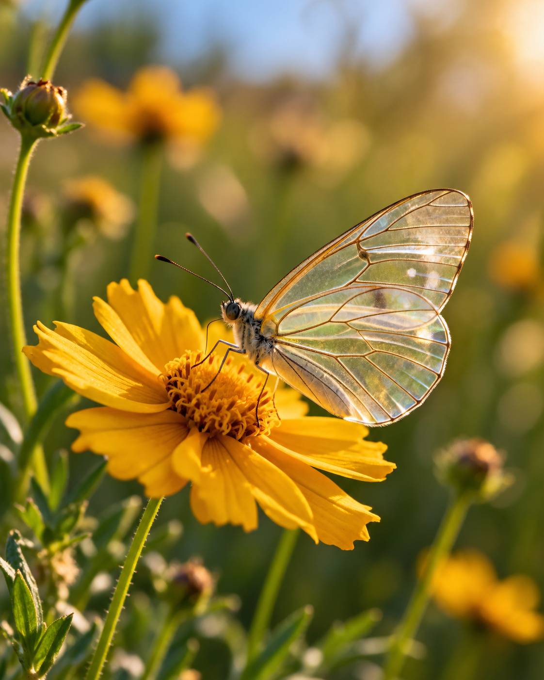 A translucent-winged butterfly resting on a yellow coreopsis bloom in a sunlit meadow