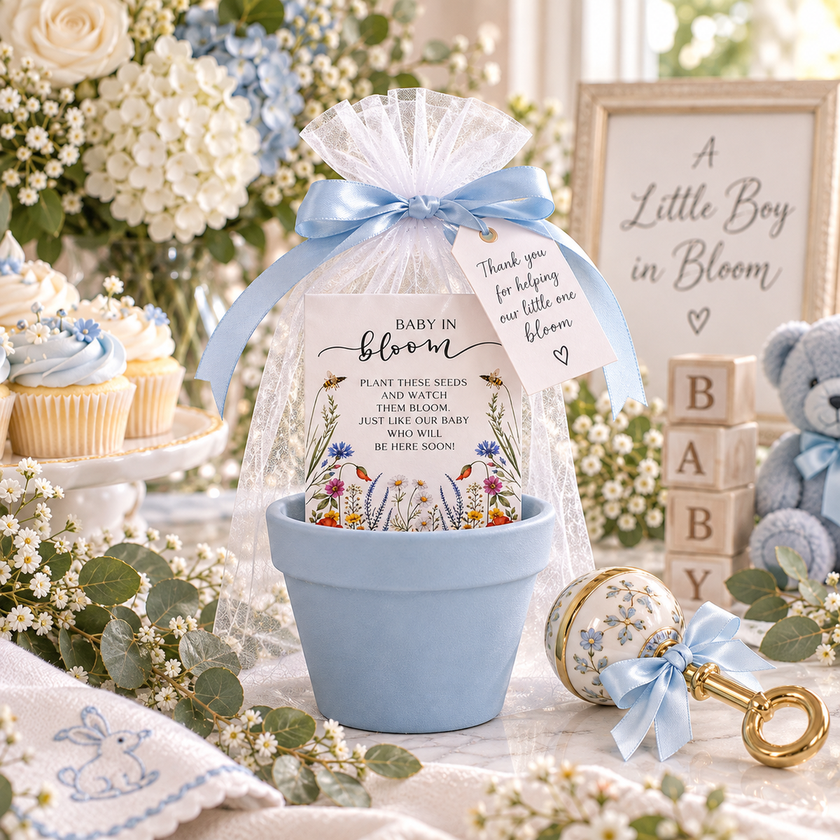 A baby blue terracotta pot holding a Baby in Bloom wildflower seed packet, wrapped in organza with a blue ribbon, styled with a teddy bear, BABY blocks and a framed A Little Boy in Bloom sign
