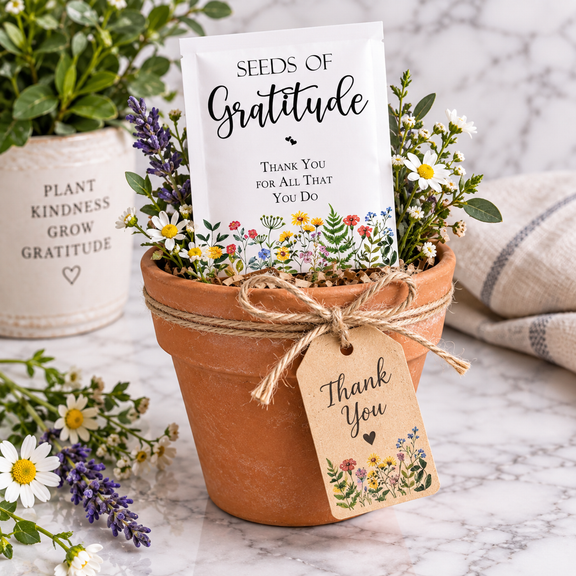 A terracotta pot tied with twine and a kraft Thank You tag, holding a Seeds of Gratitude wildflower seed packet, with daisies and lavender on white marble