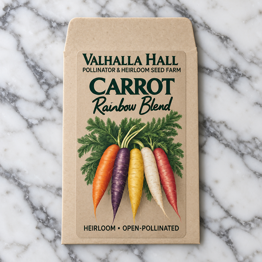 Valhalla Hall Rainbow Blend carrot seed packet, kraft paper with an illustration of orange, purple, yellow, white and red carrots