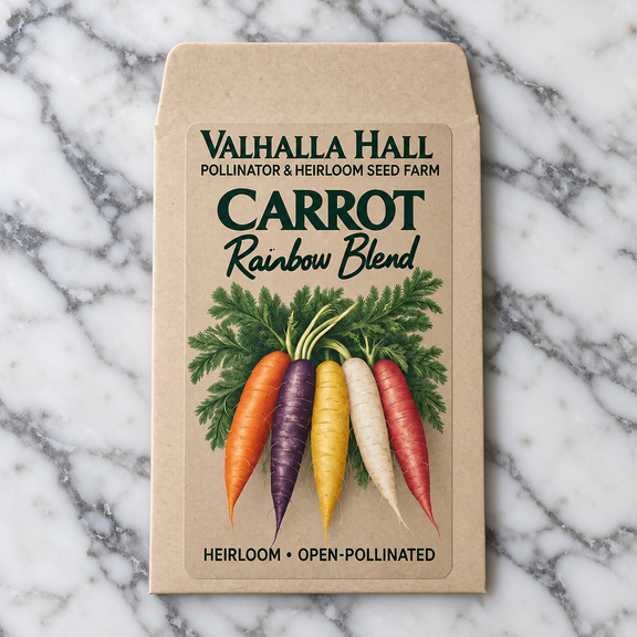 Valhalla Hall Rainbow Blend carrot seed packet, kraft paper with an illustration of orange, purple, yellow, white and red carrots