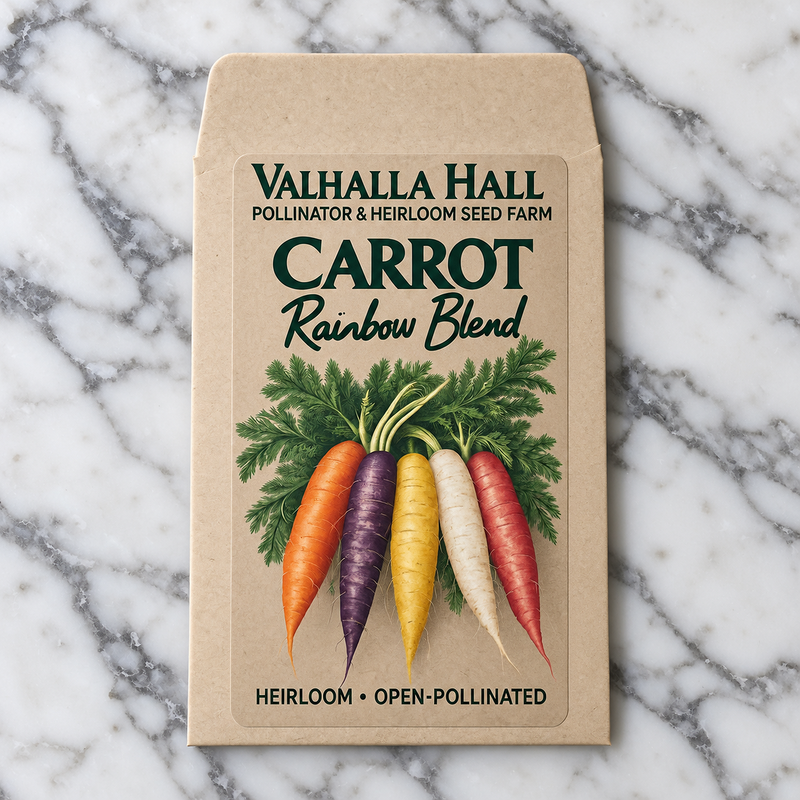 Valhalla Hall Rainbow Blend carrot seed packet, kraft paper with an illustration of orange, purple, yellow, white and red carrots