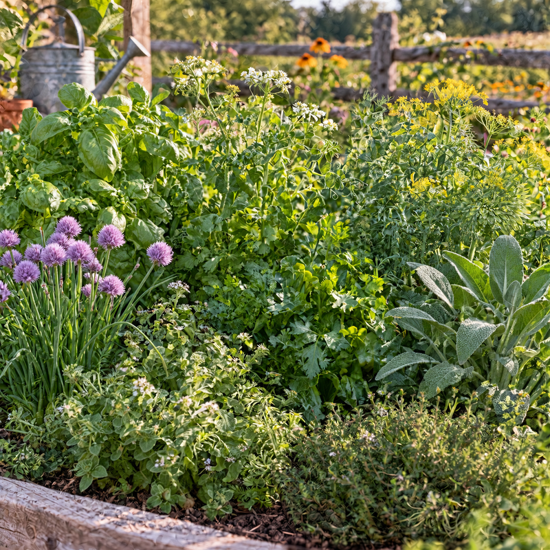 The eight herbs in the Valhalla Hall Culinary Herbary tin growing in a raised bed - Genovese basil, chives in flower, cilantro, dill, Greek oregano, flat-leaf parsley, broad leaf sage and English thyme
