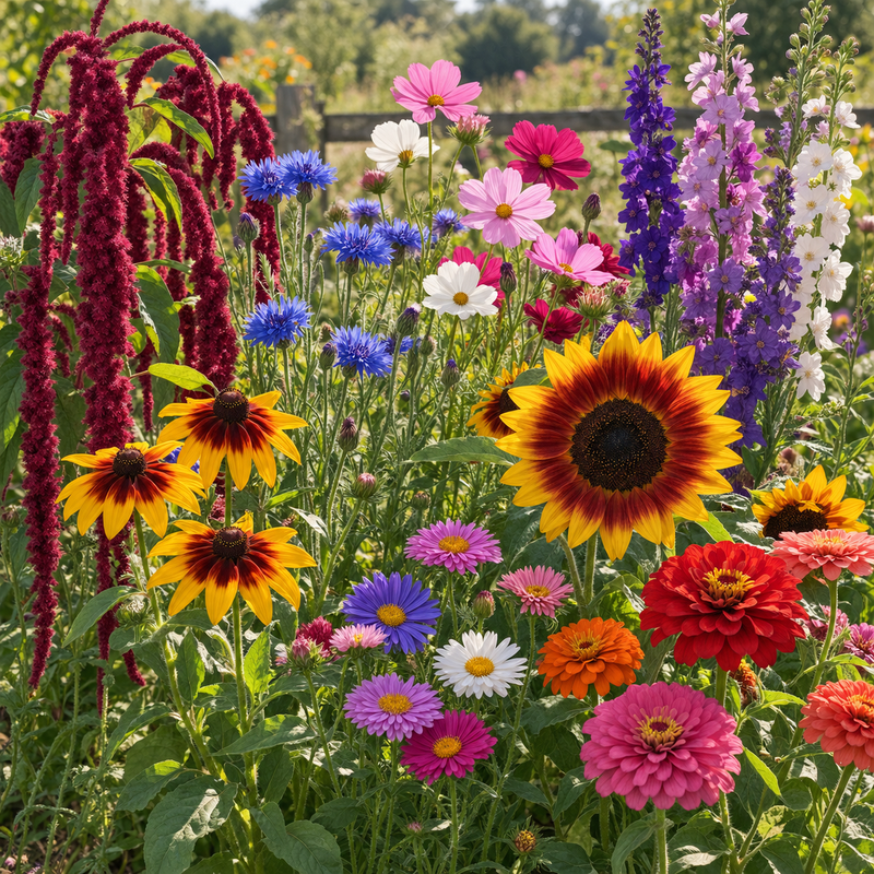 The eight cutting flowers in the Valhalla Hall Cut Flower Garden tin growing in a garden bed - love lies bleeding, bachelor buttons, cosmos, larkspur, gloriosa daisy, asters, sunflower and zinnias