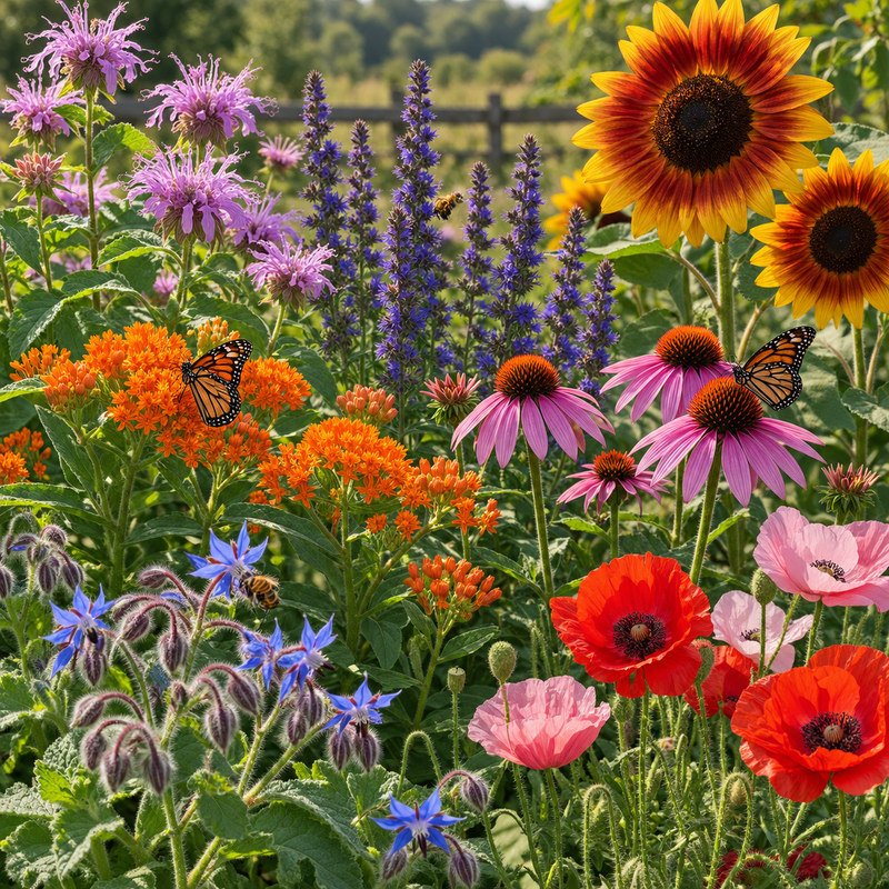The pollinator flowers in the Valhalla Hall Pollinator Garden tin - bee balm, hyssop, butterfly milkweed, sunflower, purple coneflower, borage and corn poppies