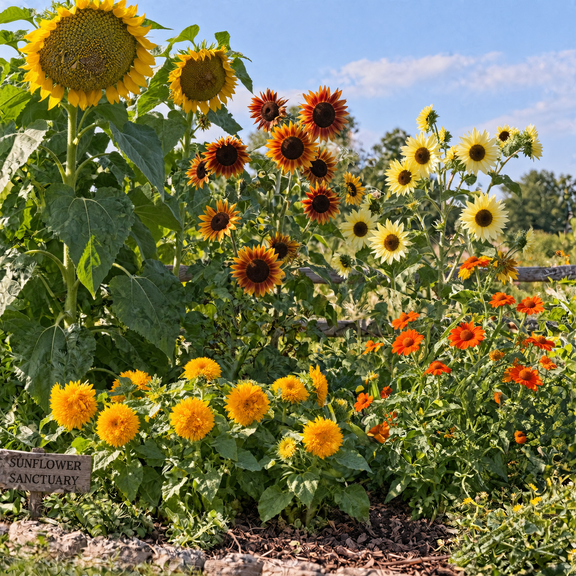 The five sunflowers in the Valhalla Hall Sunflower Sanctuary tin growing in a garden bed - Mammoth Grey Stripe, Autumn Beauty, Lemon Queen, Teddy Bear and Mexican sunflower