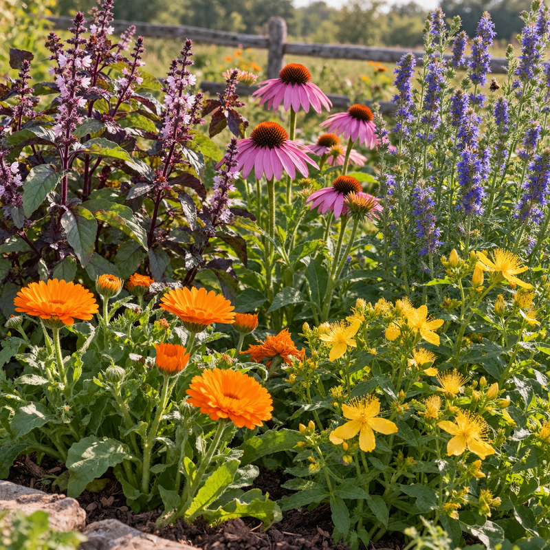 The five herbs in the Valhalla Hall Apothecary Garden tin growing in a garden bed - tulsi basil, calendula, purple coneflower, hyssop and St. John's wort