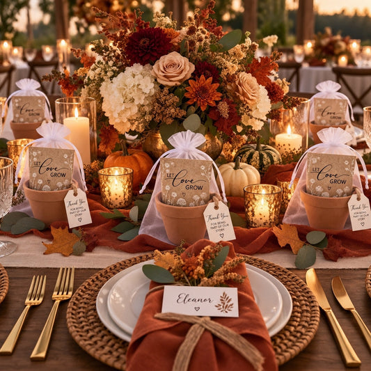 An autumn wedding reception table at dusk set with Let Love Grow terracotta seed pot favors in white organza bags with thank-you tags, beside pumpkins, a rust gauze runner, gold candles and a dahlia and hydrangea centerpiece