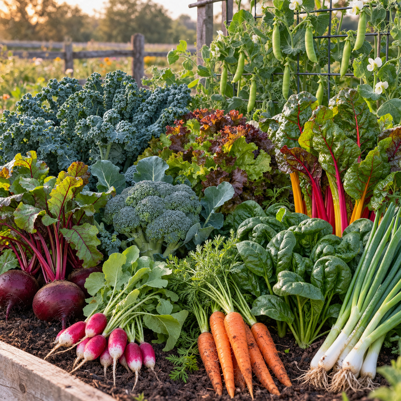 The ten cool-season vegetables in the Valhalla Hall Autumn Harvest tin growing in a raised bed - beets, broccoli, carrots, kale, lettuce, snap peas, bunching onions, French breakfast radishes, spinach and rainbow chard