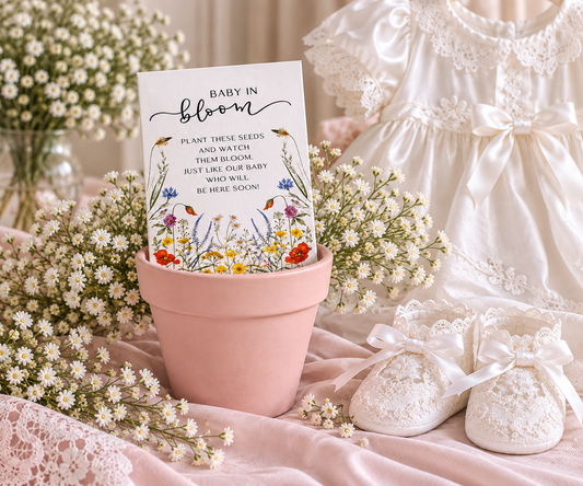 A pink terracotta pot holding a Baby in Bloom wildflower seed packet, styled with white daisies, a lace christening dress and baby booties