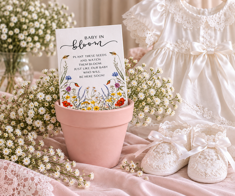 A pink terracotta pot holding a Baby in Bloom wildflower seed packet, styled with white daisies, a lace christening dress and baby booties