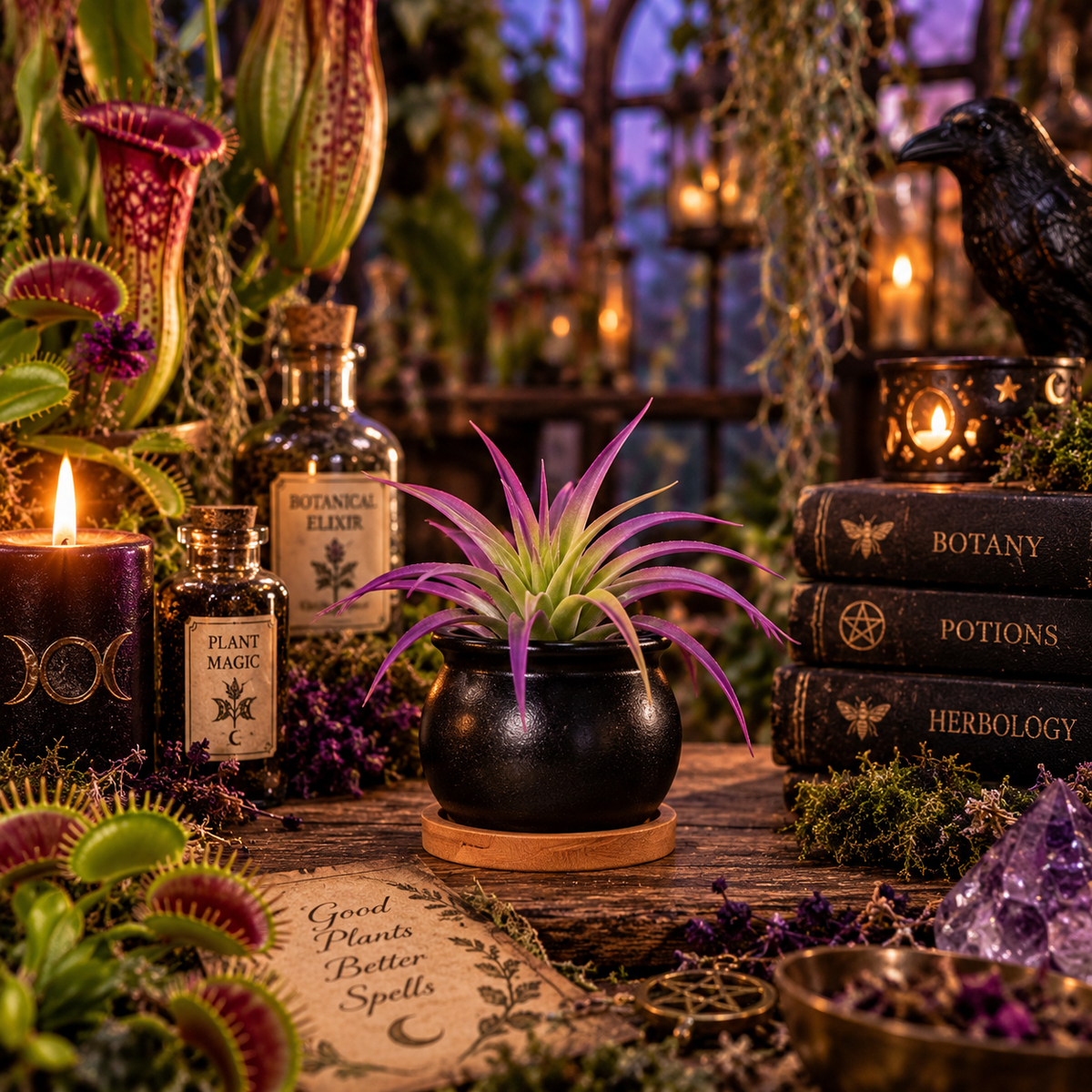 The Valhalla Hall Witch's Cauldron air plant — a small glazed black ceramic cauldron planter with a rolled rim and three stubby feet, holding a live air plant with purple-tipped green leaves, resting on a round wooden saucer in a candlelit apothecary greenhouse with pitcher plants, venus flytraps, amethyst, a raven and books titled Botany, Potions and Herbology