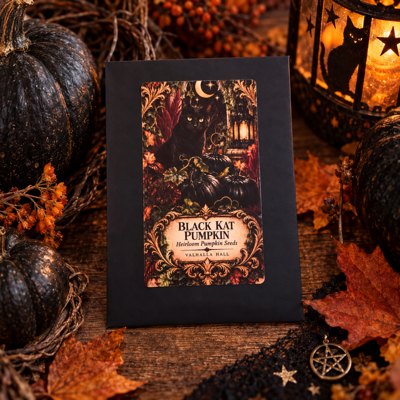 The Valhalla Hall Black Kat Pumpkin seed packet, a black envelope with an ornate illustrated label showing a black cat beside a lit lantern and dark ribbed pumpkins under a crescent moon, photographed on weathered wood among charcoal-black pumpkins, autumn leaves and candlelight
