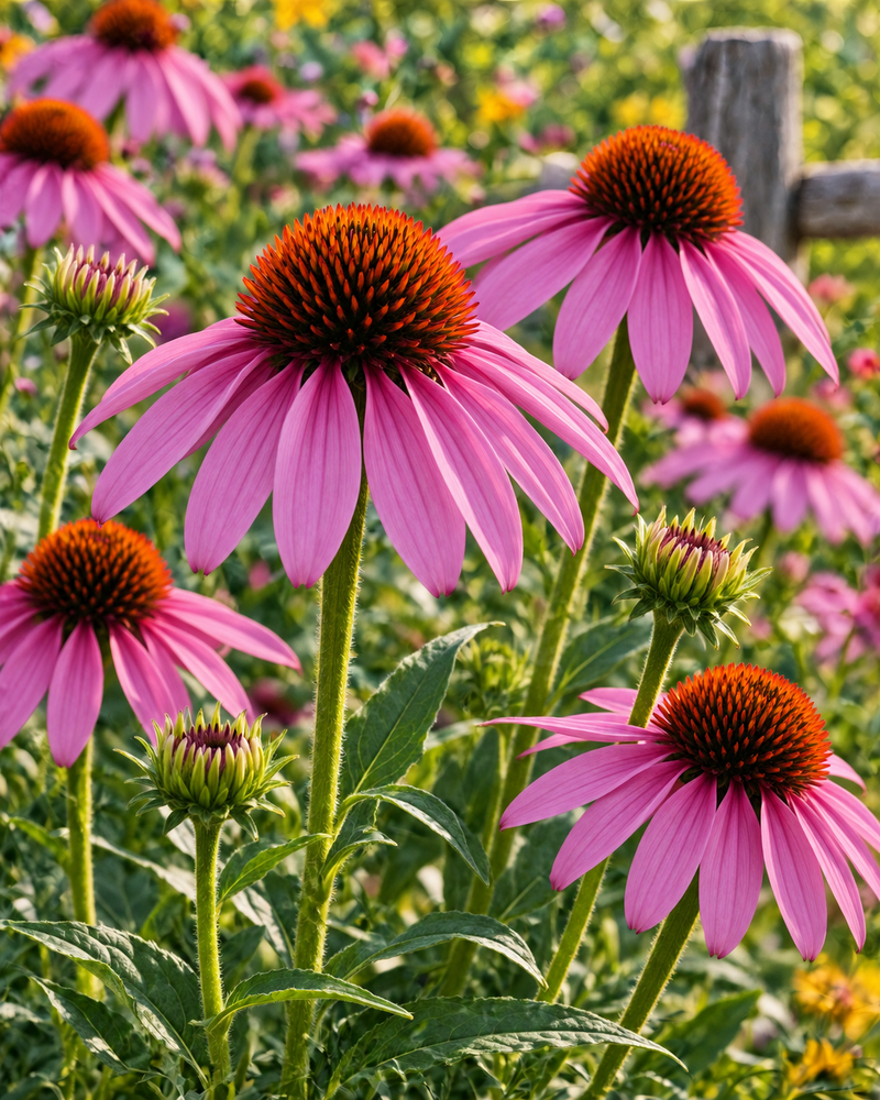 Purple coneflowers in full bloom beside black-eyed Susans and a split-rail fence