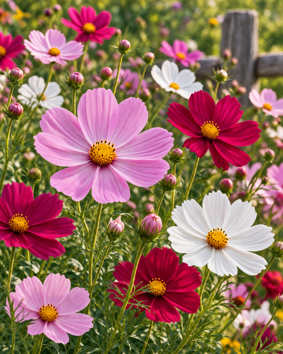 Cosmos in bloom in pink, crimson and white beside a split-rail fence