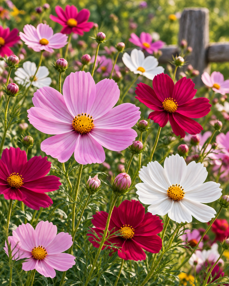 Cosmos in bloom in pink, crimson and white beside a split-rail fence