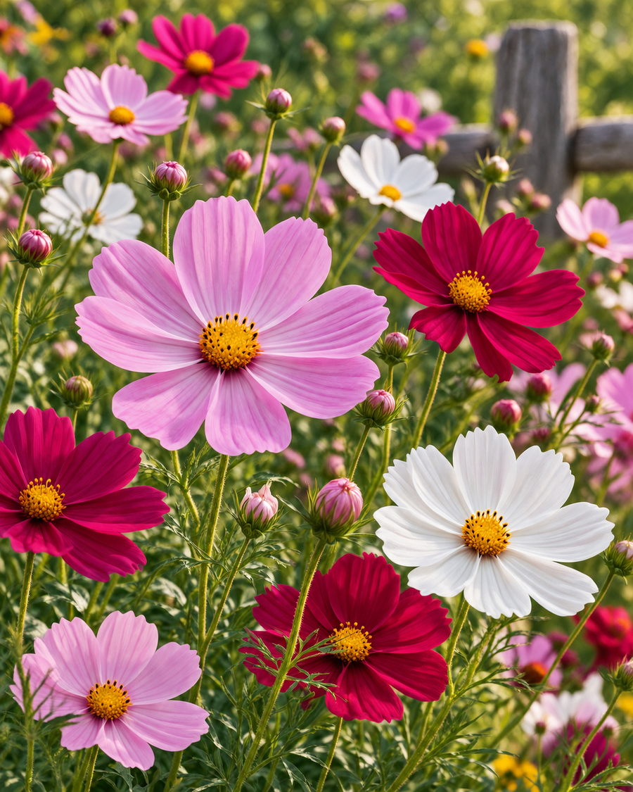 Cosmos in bloom in pink, crimson and white beside a split-rail fence