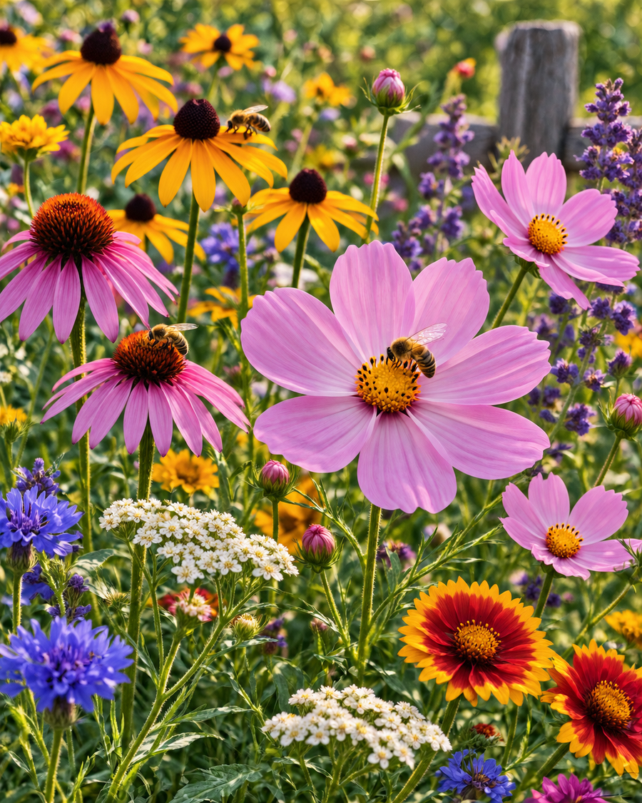 A honeybee on a pink cosmos in a wildflower planting of coneflowers, black-eyed Susans and yarrow