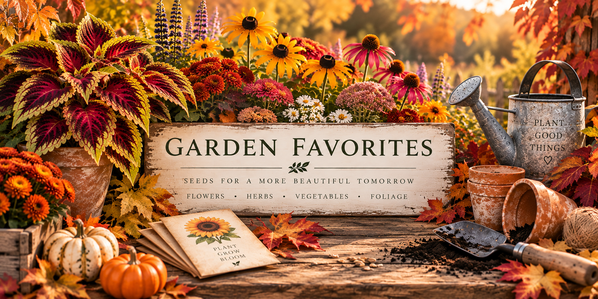 A weathered Garden Favorites sign reading Seeds for a more beautiful tomorrow — flowers, herbs, vegetables, foliage — in an autumn garden of burgundy coleus, rudbeckia, mums and coneflowers, with maple leaves, white and orange pumpkins, terracotta pots and a watering can