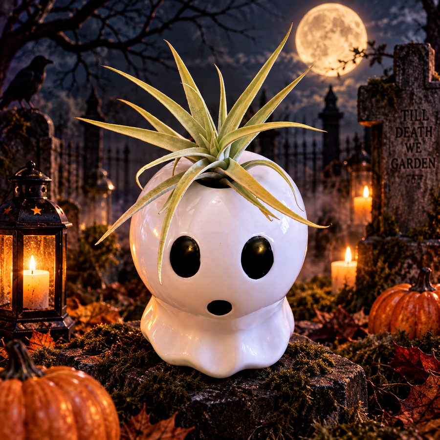 The Valhalla Hall Ghost Garden air plant — a glossy white ceramic ghost planter with large black eyes and an open mouth, topped with a live silver-green air plant like wild hair, photographed in a candlelit graveyard setting with a lantern, moss, pumpkins and a headstone reading Till Death We Garden under a full moon