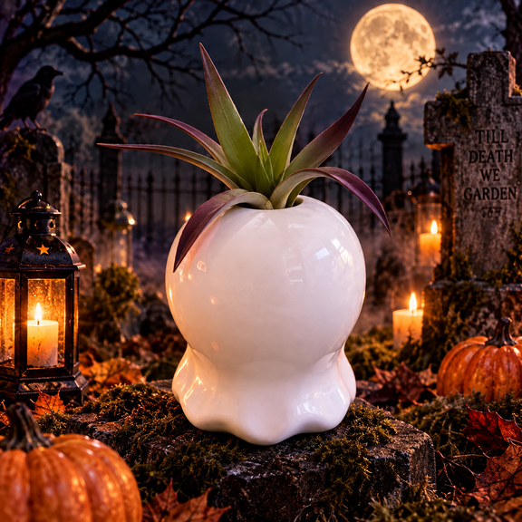 Back view of the Valhalla Hall Ghost Garden air plant planter, a glossy white ceramic ghost-shaped pot with a smooth faceless back and a scalloped draping hem, holding a live air plant with green leaves tipped in burgundy, photographed in a candlelit graveyard with a lantern, moss, pumpkins and a headstone reading Till Death We Garden under a full moon