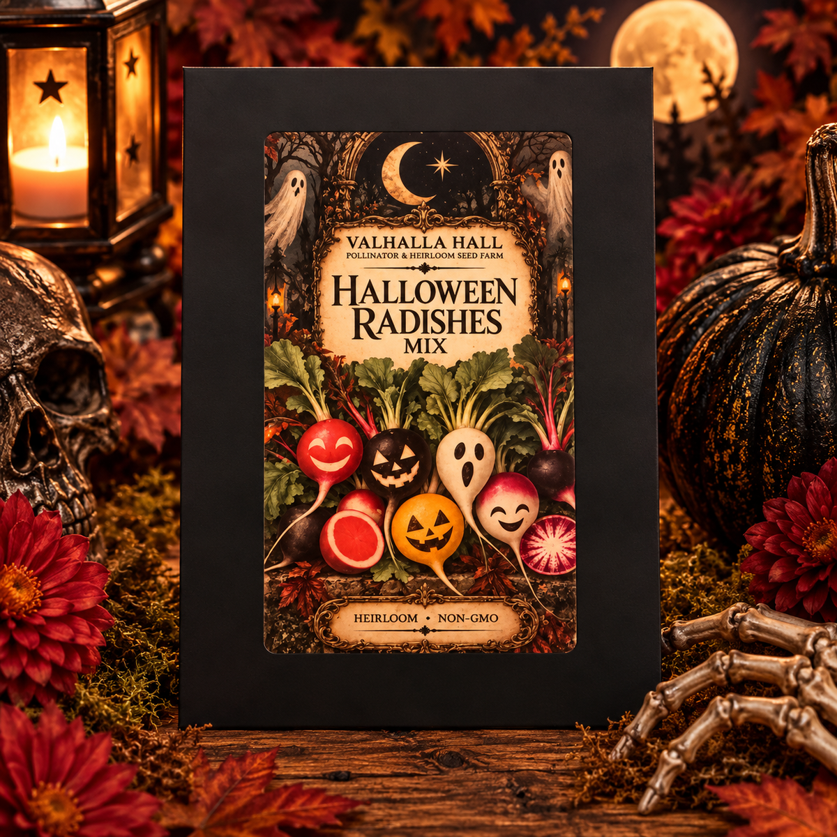 The Valhalla Hall Halloween Radishes Mix collector seed packet, a black envelope with an ornate illustrated label of radishes carved with jack-o'-lantern and ghost faces in red, black, white and yellow beneath a crescent moon with drifting ghosts, marked Heirloom and Non-GMO, photographed among burgundy blooms, a skull, a dark pumpkin and candlelight