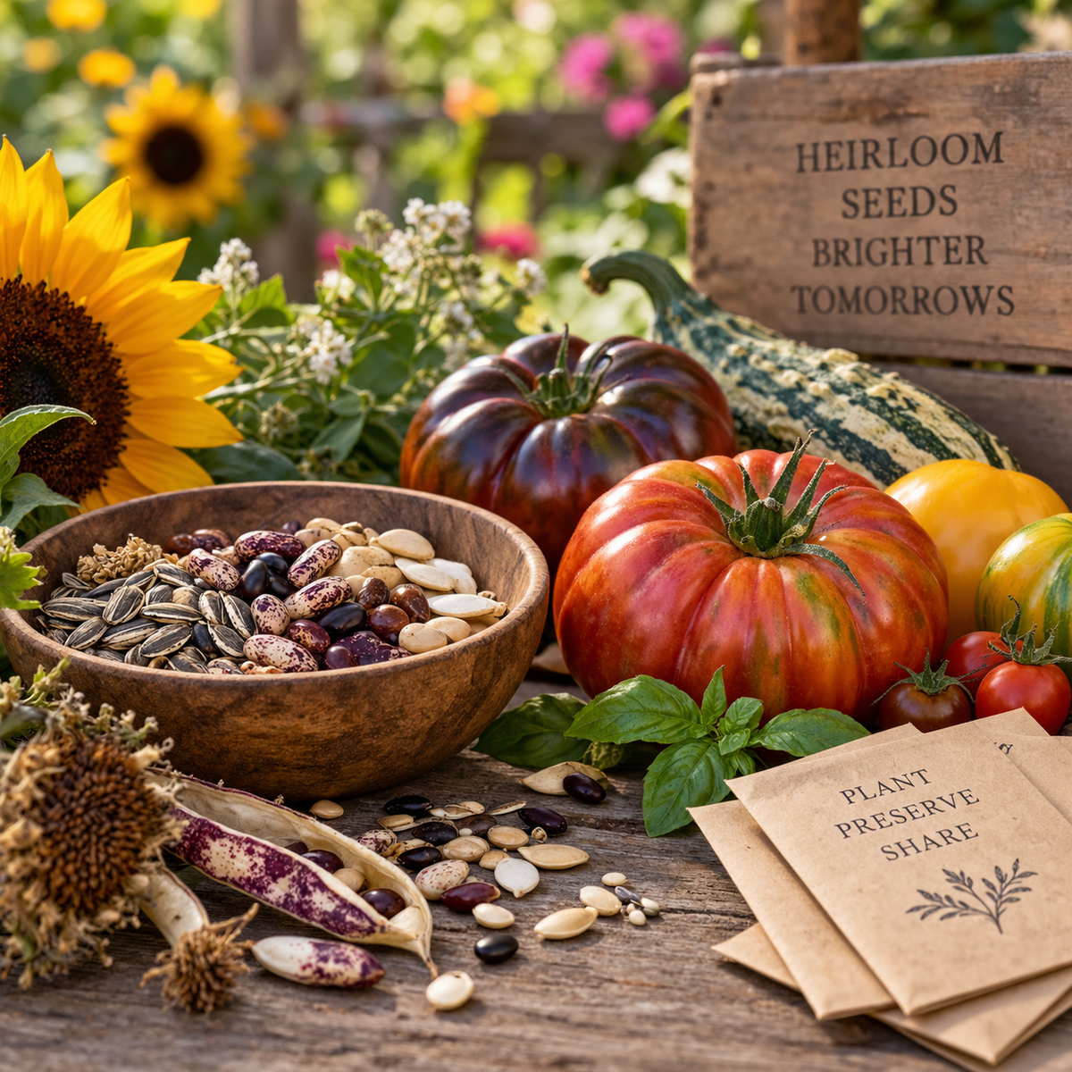 Bowls of saved seed beside heirloom tomatoes, sunflowers and seed packets on a wooden table