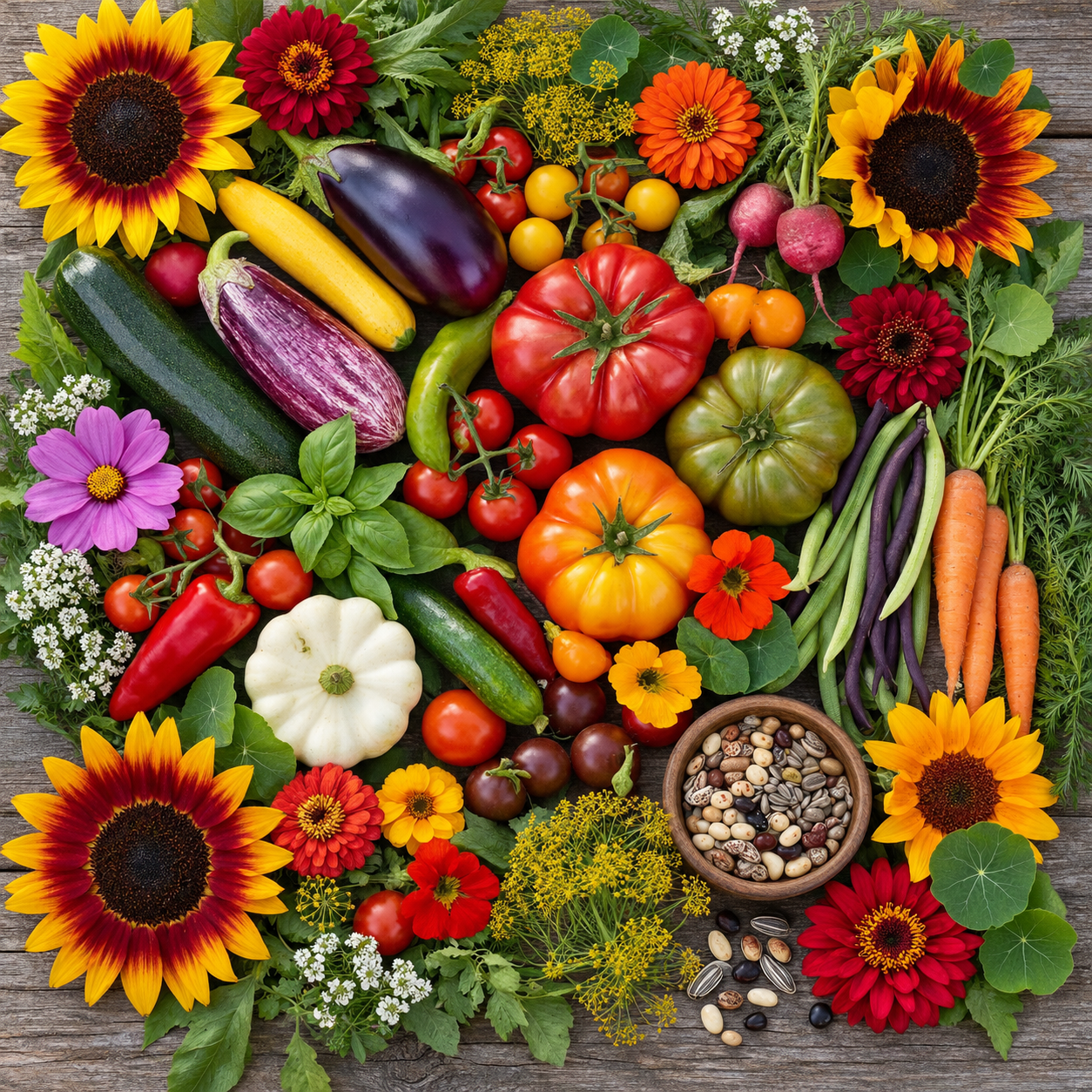 An overhead arrangement of heirloom vegetables, sunflowers and garden flowers on weathered wood