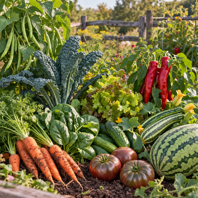 The ten heirloom varieties in the Valhalla Hall Heritage Harvest tin growing in a garden bed - Blue Lake beans, Chantenay carrots, Boston pickling cucumbers, Lacinato kale, oakleaf lettuce, Corno di Toro peppers, Bloomsdale spinach, Cocozelle zucchini, Black From Tula tomatoes and Georgia Rattlesnake watermelon