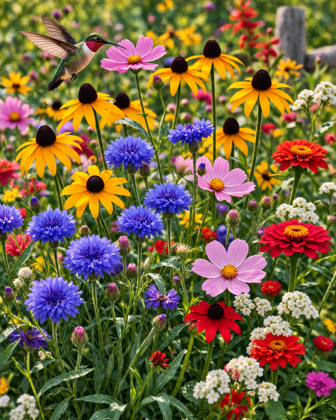 A hummingbird feeding at a cosmos in a mixed planting of black-eyed Susans, cornflowers and zinnias