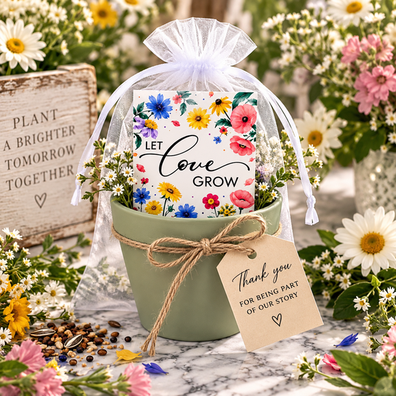 A Valhalla Hall Let Love Grow wedding favor — a sage-green garden pot holding an illustrated wildflower seed packet, wrapped in a sheer white organza bag with a twine bow and a kraft tag reading Thank you for being part of our story, among daisies and wildflowers