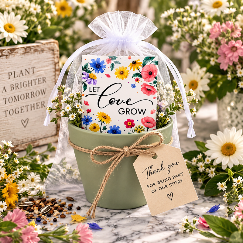 A Valhalla Hall Let Love Grow wedding favor — a sage-green garden pot holding an illustrated wildflower seed packet, wrapped in a sheer white organza bag with a twine bow and a kraft tag reading Thank you for being part of our story, among daisies and wildflowers