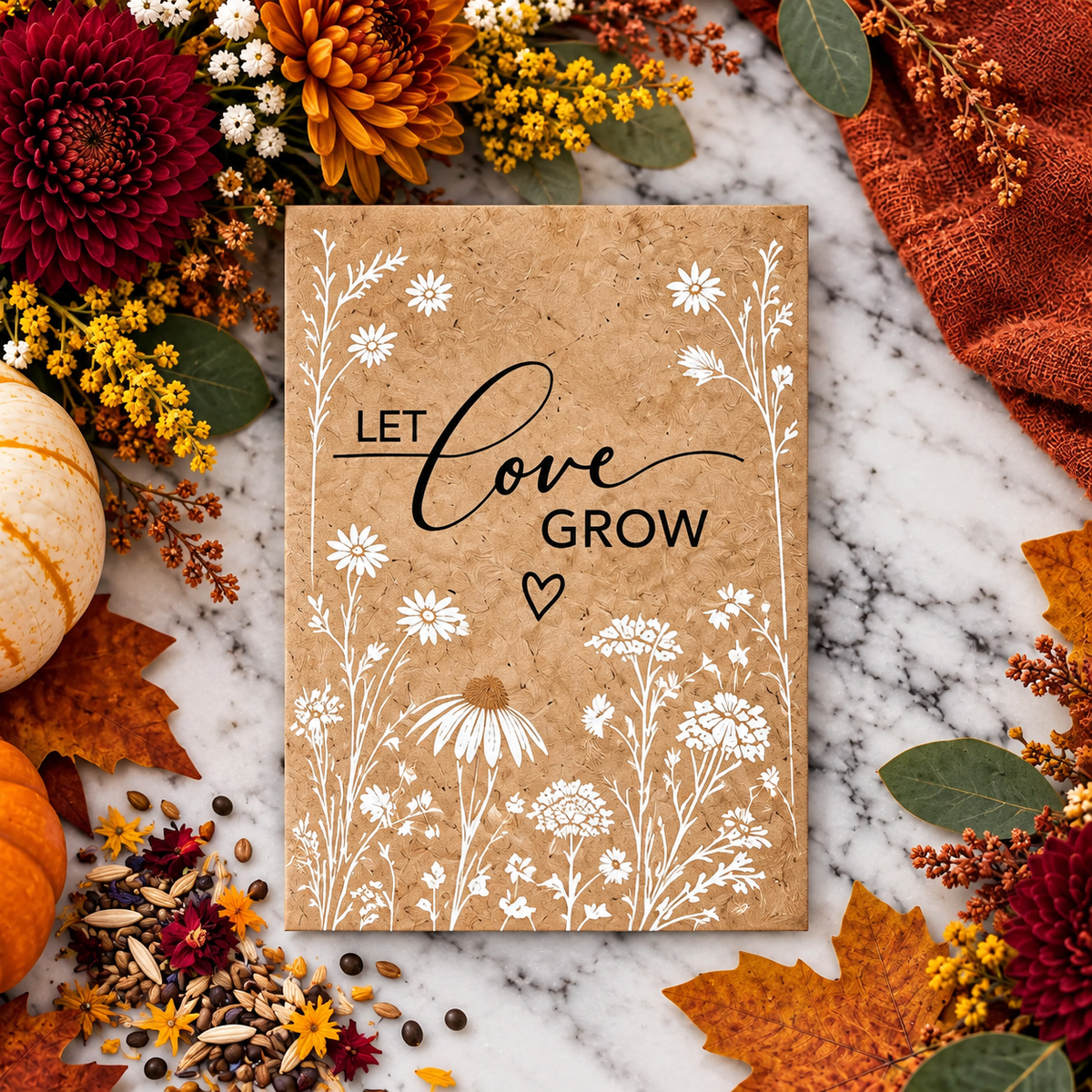 The kraft Let Love Grow wildflower seed packet, printed with white daisies and wildflowers, on marble among autumn dahlias, maple leaves and pale pumpkins with the loose fall wildflower seed mix beside it