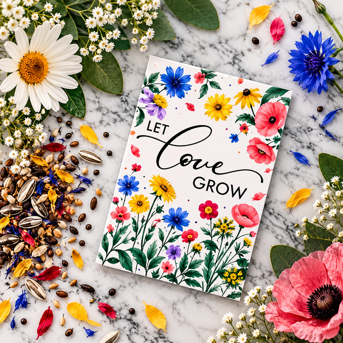 The Let Love Grow wildflower seed packet, printed with colorful poppies, cornflowers, daisies and black-eyed Susans, on white marble among spring blossoms with the loose wildflower seed mix beside it