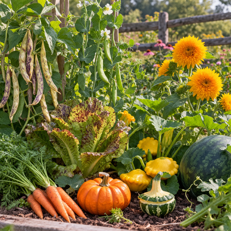 The nine varieties in the Valhalla Hall Little Growers Garden tin growing in a raised bed - dragon tongue beans, little finger carrots, spinning top gourd, freckles lettuce, jack be little pumpkin, sugar ann snap peas, yellow scallop squash, teddy bear sunflowers and sugar baby watermelon