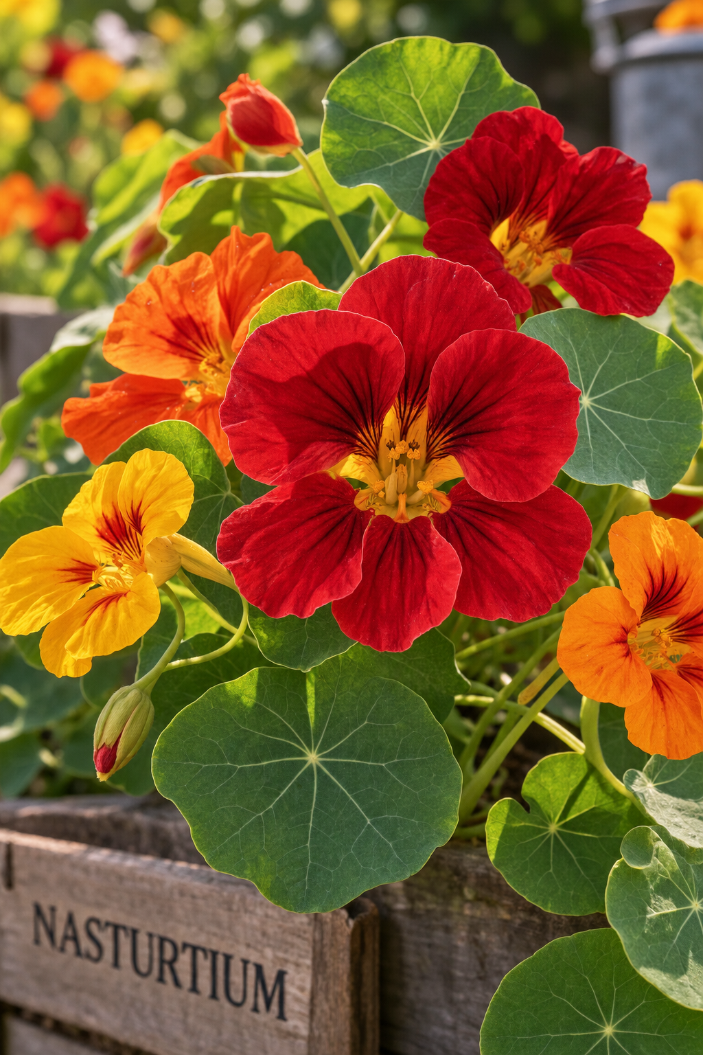 Red and orange nasturtiums flowering over the edge of a raised bed