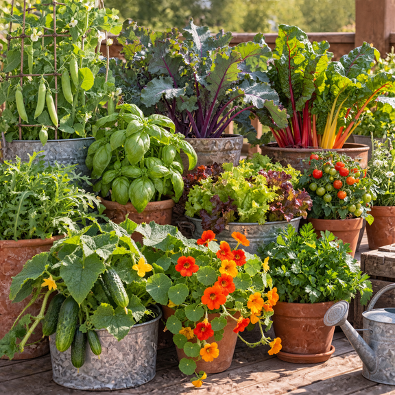 The ten varieties in the Valhalla Hall Patio Garden tin growing in containers - arugula, Genovese basil, bush cucumber, Red Russian kale, salad lettuce mix, dwarf nasturtiums, Italian parsley, shelling peas, rainbow chard and Tiny Tim cherry tomatoes