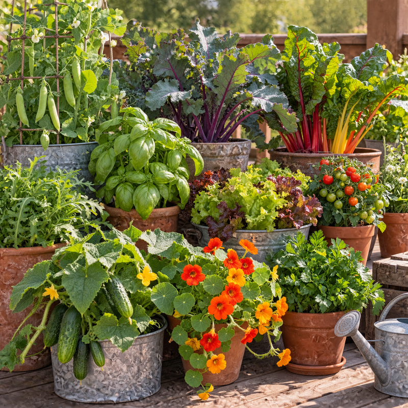 The ten varieties in the Valhalla Hall Patio Garden tin growing in containers - arugula, Genovese basil, bush cucumber, Red Russian kale, salad lettuce mix, dwarf nasturtiums, Italian parsley, shelling peas, rainbow chard and Tiny Tim cherry tomatoes