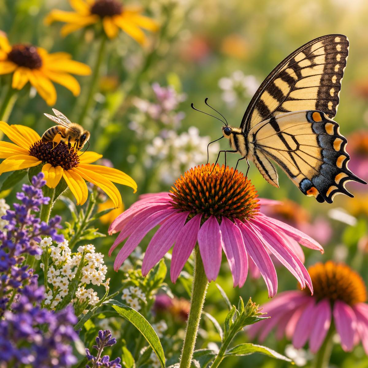 A swallowtail butterfly and a bee on purple coneflowers in a pollinator planting