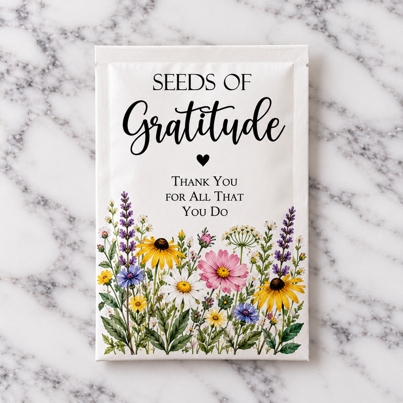 The Seeds of Gratitude wildflower seed packet, printed with daisies, cosmos, black-eyed Susans and lavender and reading Thank You for All That You Do, on white marble