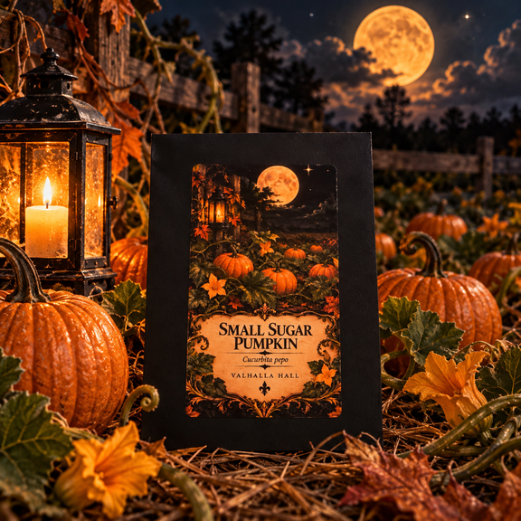 The Valhalla Hall Small Sugar Pumpkin collector seed packet, a black envelope with an ornate illustrated label of orange pumpkins ripening in a moonlit field under a harvest moon, naming Cucurbita pepo, photographed in a pumpkin patch beside a lit lantern with autumn leaves and vines