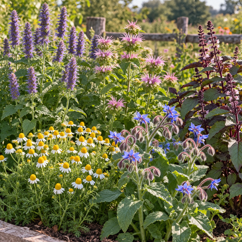 The five herbs in the Valhalla Hall Tea Herbary tin growing in a garden bed - anise hyssop, lemon mint bee balm, borage, German chamomile and tulsi basil