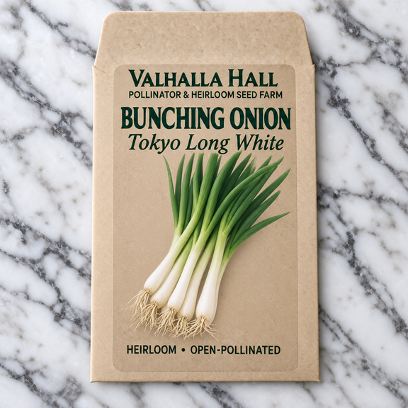Valhalla Hall Tokyo Long White bunching onion seed packet, kraft paper with an illustration of long white-stemmed bunching onions