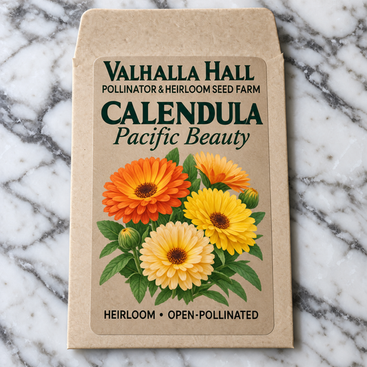 Valhalla Hall Pacific Beauty calendula seed packet, kraft paper with an illustration of orange and yellow calendula blooms