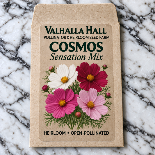 Valhalla Hall Sensation Mix cosmos seed packet, kraft paper with an illustration of white, pink and crimson cosmos flowers